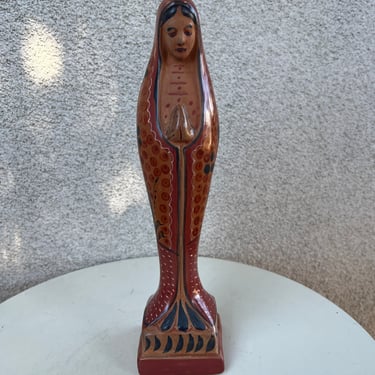 Vintage Mexican Pottery terracotta religion Mother Mary Madonna with dove painted statue 13” 