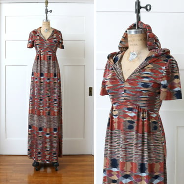 vintage 1970s hooded maxi dress • space-dye print boho striped long nylon jersey dress 