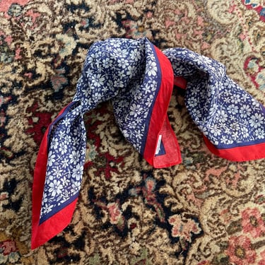 Vintage ‘70s handkerchief cotton scarf, made in Japan | navy & white floral print, red hand rolled edges, hair or neck bandana 