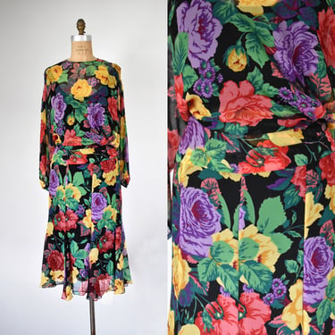 Elena sheer floral chiffon dress, drop waist floral dress, 80s sheer dress, maxi dress, vintage dresses for women 