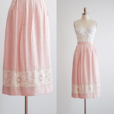 pink silk skirt 70s vintage Liberty & Lucretia lace floral jacquard midi skirt 
