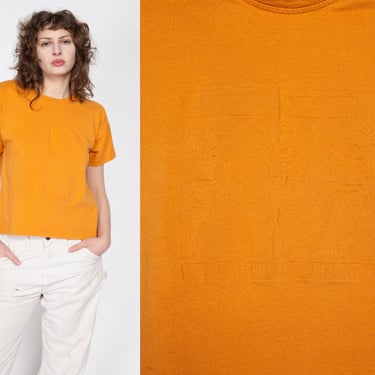 Sm-Lrg 80s Orange Embossed Beverly Hills Boxy T Shirt | Vintage Short Sleeve Cropped Tourist Tee 