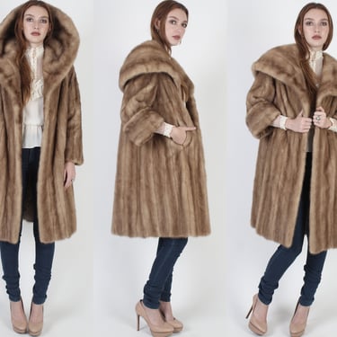 60s Autumn Haze Mink Fur Coat, Large Fur Back Hooded Collar, Margot Tenenbaum Costume, Saks 5th Avenue Natural Opera Jacket 