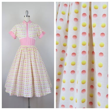 Vintage 1950s cotton dress, fit and flare, full skirt, polka dot, embroidered, Doris Dodson, peter pan collar 