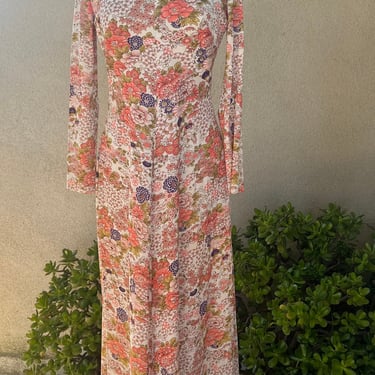 Vintage 70s maxi dress pastels floral jersey empire waist Sz Small by Checkaberry 