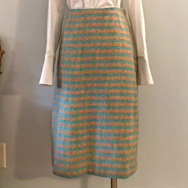 Pencil Skirt • Irish Wool Handwoven Check • 1960s • Colorful • Republic of Ireland • Dorothy Pinnock • Green Blue Pink Orange Purple • Small 