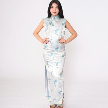 Vintage Satin Cheongsam Dress Dragon Peacock Light Blue Brocade High Slit Mandarin Collar 1980s Asian-Inspired Maxi 80s Small S 