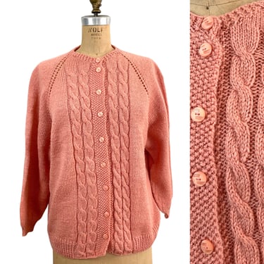 Peach cable knit cardigan sweater - vintage hand knit - size L 
