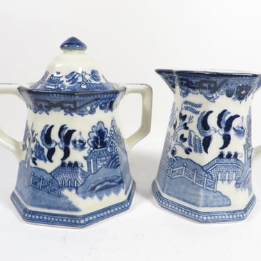 Vintage E & C Challinor Fenton Ironstone Blue Willow Cream Pitcher and Sugar Bowl 