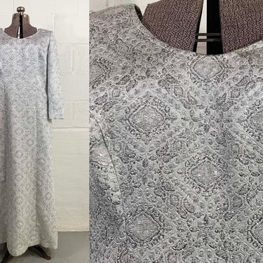 Vintage Silver Maxi Dress Glitter Iridescent A-Line Sheer Long Sleeves 1960s Mod Formal Prom Hostess Gown Plus Curvy Volup XL XXL 1X 1XL 