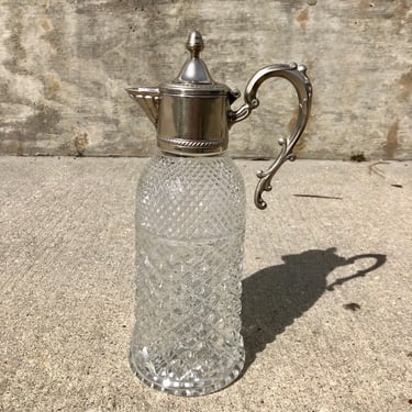 Vintage Silver Plated Diamond Cut Glass Water Pitcher Decanter 