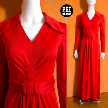 Sexy Vintage 60s 70s Red Collared Long Sleeve Maxi Dress 