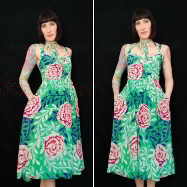Vintage 1940's Style Floral Silk Sundress - Green Pink White Floral Silk Dress by Moulinette Soeurs for Anthropologie - size Medium 6 