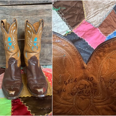 ACME THUNDERBIRD Vintage 50s 60s Brown & Blue Inlay Leather Boots | Western, Cowboy, Rodeo, Southwestern, Festival |  Size 10 D 