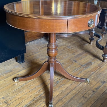 Mahogany Drum Table w Gold Circular Patterned Top