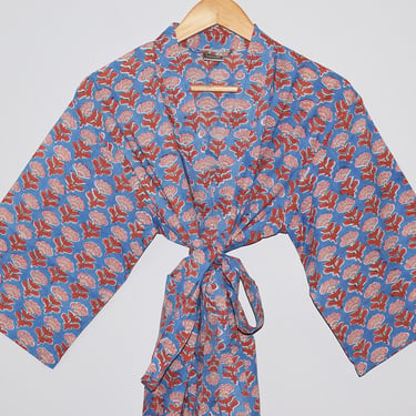 Hand Block Printed Kimono Robe, India Wood Block Print, Lightweight Cotton Robe, Bathrobe, Short Dressing Gown, Coverup, Blue Floral Print 