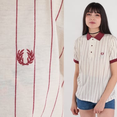 Striped Polo Shirt 80s Collared T-Shirt Fred Perry Embroidered Crest Half Button Up Short Sleeve White Burgundy Ringer Vintage 1980s Medium 