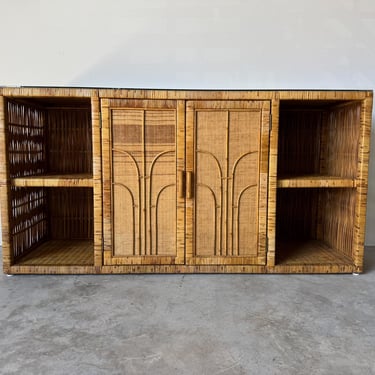 Vintage Coastal Boho Chic Palm Beach Style Woven Wicker Credenza 