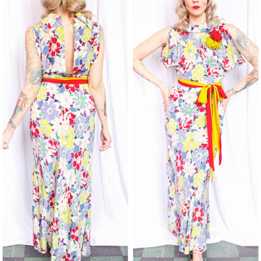 1930s Summer Floral Rayon Gown - Small 