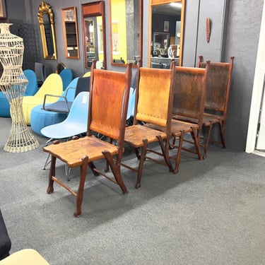 Set of 4 Primitive Rustic Leather + Wood Chairs