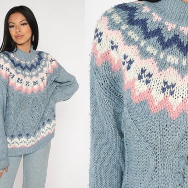 Vintage Icelandic Sweater 80s Blue Pastel Sweater Pink Blue Boho Sweater Ski Sweater Bohemian Fair Isle Sweater 1980s Knit Oversize Medium 