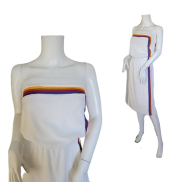 1980's Strapless White Terry Cloth Rainbow Stripe Sun Dress I Sz Med I Crowd Pleasers 