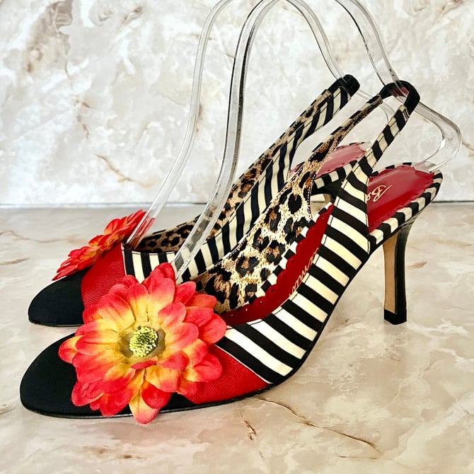 Vintage High Heels, Stripes, Flower Embellished, Sling Back Shoes, Beverly Feldman, Size 6 US 