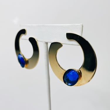 1980s Blue & Gold Horseshoe Shape Cocktail Earrings | Vintage, New Wave, Costume Jewelry, Retro, Party, Formal 