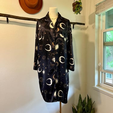 Vintage Blue Silk Dynasty Celestial Moon & Stars Button Front Tunic Shirt Size XXL 