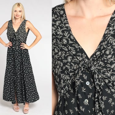 Floral Maxi Dress 90s Black Tie Front Sundress Ascot Necktie Grunge Button Up Bow Flowy V Neck Sleeveless Summer Day Vintage 1990s Small S 