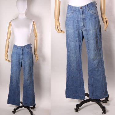 1970s Blue Denim Window Pane Bell Bottom Flare Jeans by Sears -M 