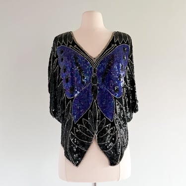 Amazing Silver and Violet Sequin Butterfly Party Top / Sz M/L