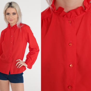 Red Ruffle Blouse 80s Semi-Sheer Button up Shirt High Neck Top Ruffled Retro Secretary Long Sleeve Tuxedo Collar Chic Vintage 1980s Small S 