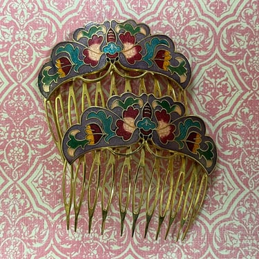 vintage cloisonné hair combs gold 1970s floral butterfly hair comb pair 
