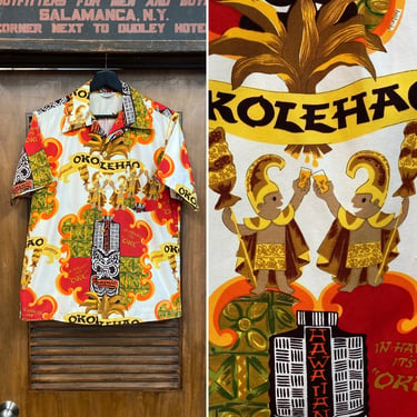 Vintage 1960’s Tiki Pop Art “Okolehao” Cartoon Beer Mod Hawaiian Shirt, 60’s Loop Collar Shirt, Vintage Clothing 