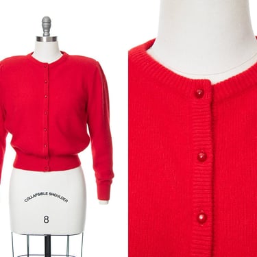 Vintage 1980s Cardigan | 80s BENETTON Bright Red Knit Wool Angora Cropped Long Sleeve Button Up Sweater Top (small/medium) 