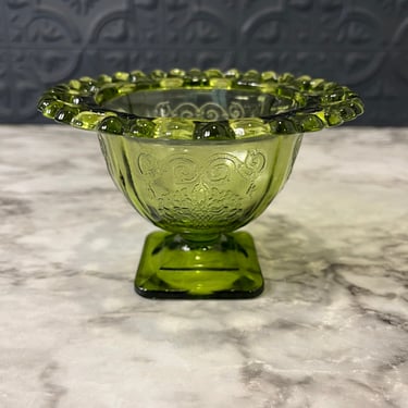 Green Glass Lace Edge Pedestal Bowl