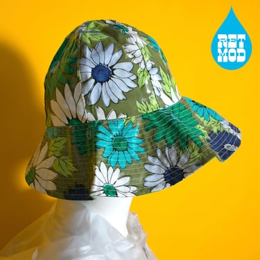 NWOT Beautiful Mod Vintage 60s 70s Green Flower Power Rain Wide Brim Hat 