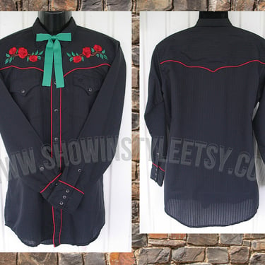 Vintage Western Men's Cowboy and Rodeo Shirt by MWG (Midwest Garment), Black with Embroidered Red Roses, Approx. Large (see meas. photo) 