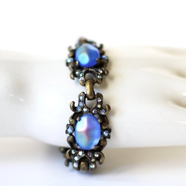 Vintage Blue Moonglow Cabochon Brass Link Bracelet with Pavé Set Sapphire Paste Stones 