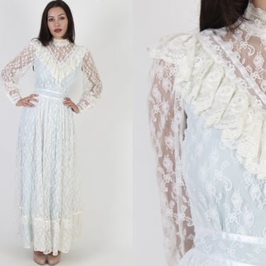 70s Elegant Victorian Dress, Sheer Ivory Floral Lace, Vintage Long Country Wedding Maxi 
