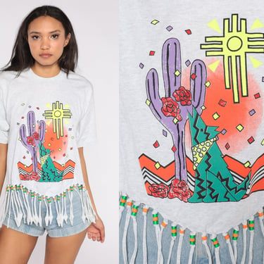 New Mexico Shirt 80s Beaded Fringe Coyote T Shirt Zia Graphic Art Tshirt Southwestern 90s Vintage Desert Saguaro NM Tee Screen Stars Large 