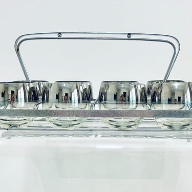 Vintage 1960s MID Century Modern Silver Fade Round Band Roly Poly Drink Barware Glasses Rack Set Chrome Dorothy Thorpe 