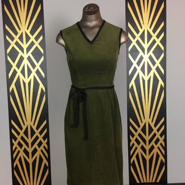 1960s wiggle dress, Vicki Vaughn, vintage 60s dress, Olive green corduroy, size x small, sheath dress, shift dress, mod style, 25 