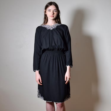 Vintage 1980s Black Delicate EMBROIDERY Butterfly + Flowers CUT WORK Draped Batwing Mini Resort Dress 