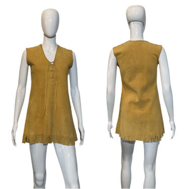 1970's Natural Tan Deerskin Sued Hippie Festival Mini Dress Size M