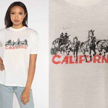 California T Shirt 80s Horse and Carriage Graphic Tshirt Vintage Western Cowboy Top Paper Thin Burnout Retro Tee White Small Medium 