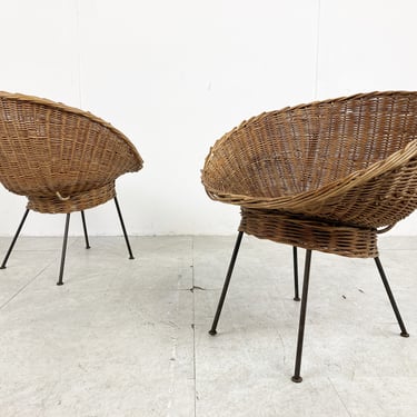 Vintage italian wicker lounge chairs, set of 2 - 1960s - mid century modern lounge chair - wicker chairs - unique wicker chairs 