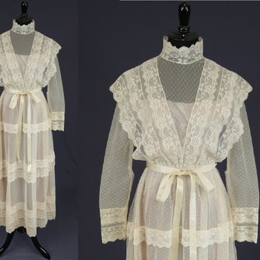 60s 70s Off White Lace Dress - As Is for Costume - High Neck Neo Victorian - Vintage 1960s 1970s - S 