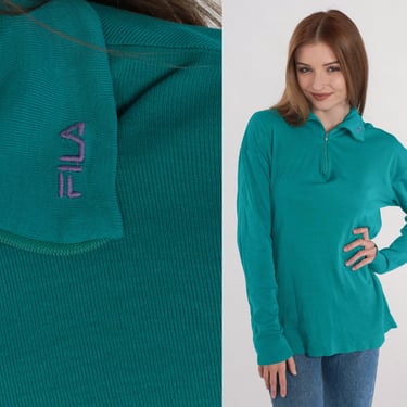 Teal Fila Shirt y2k Knit Polo Shirt Retro Collared Quarter Zip Sweater Top Basic Plain Retro Solid Long Sleeve Streetwear Vintage 00s XL 